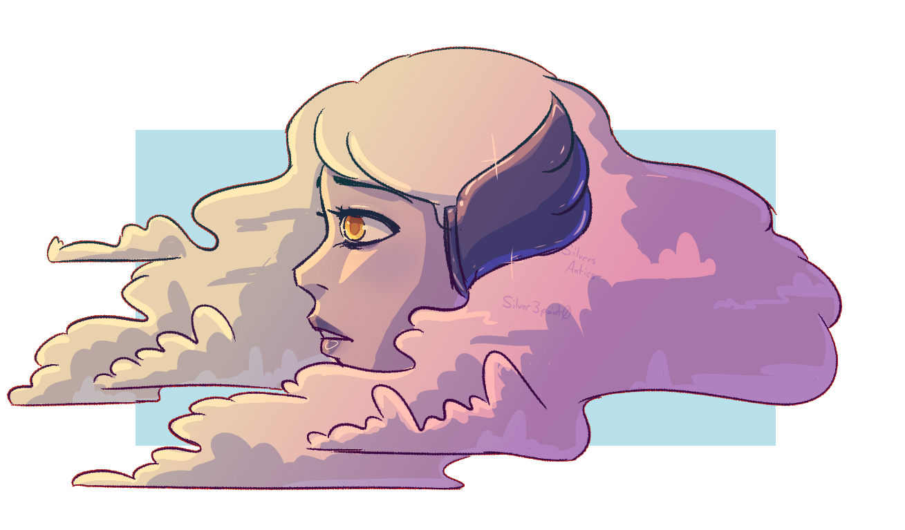 A drawing of a woman facing to the left. She has clouds for her hair.